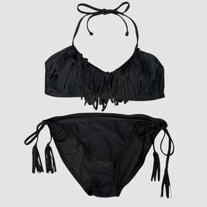 Xhilaration Black Fringe Bikini Set Halter Tassel Tie Side Swimwear Size M